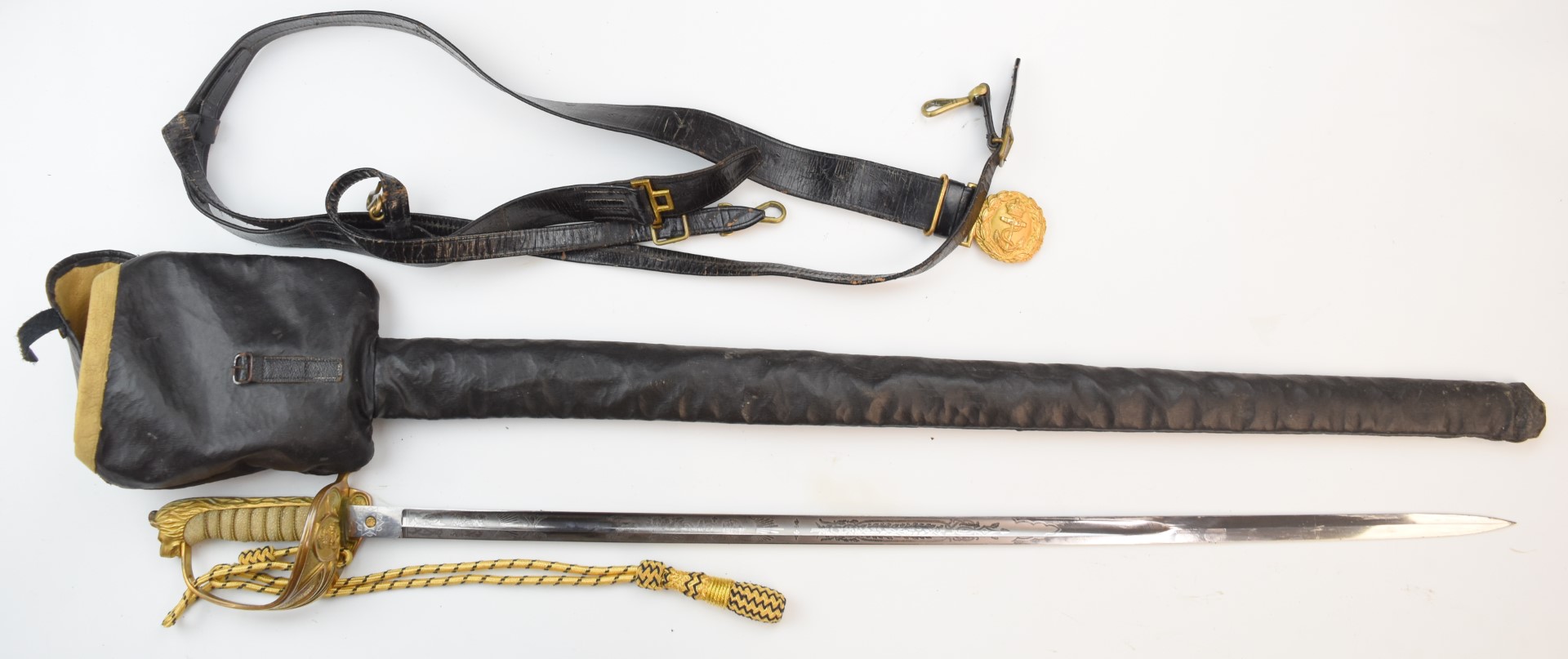 Royal Navy officer's 1827 pattern dress sword with folding guard, lion head pommel, 80cm etched