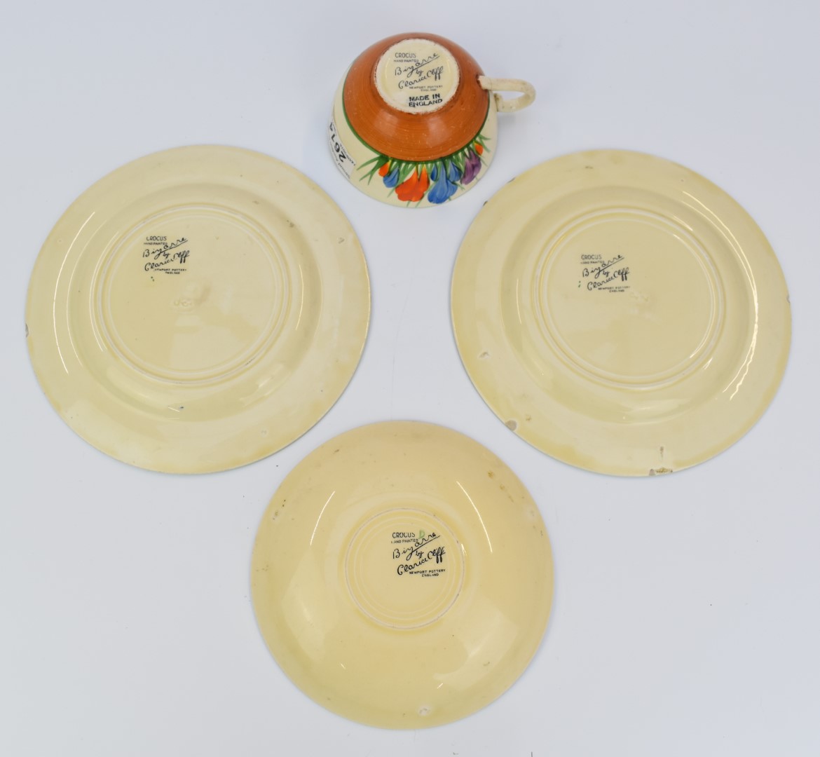 Clarice Cliff for Newport Pottery trio decorated in the Crocus pattern, with additional tea plate, - Image 8 of 8