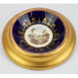 Crown Derby dish with landscape decoration, in gilt surround, diameter 20cm