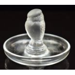 Lalique frosted and clear glass pin dish or ring holder decorated with an owl, signed 'Lalique