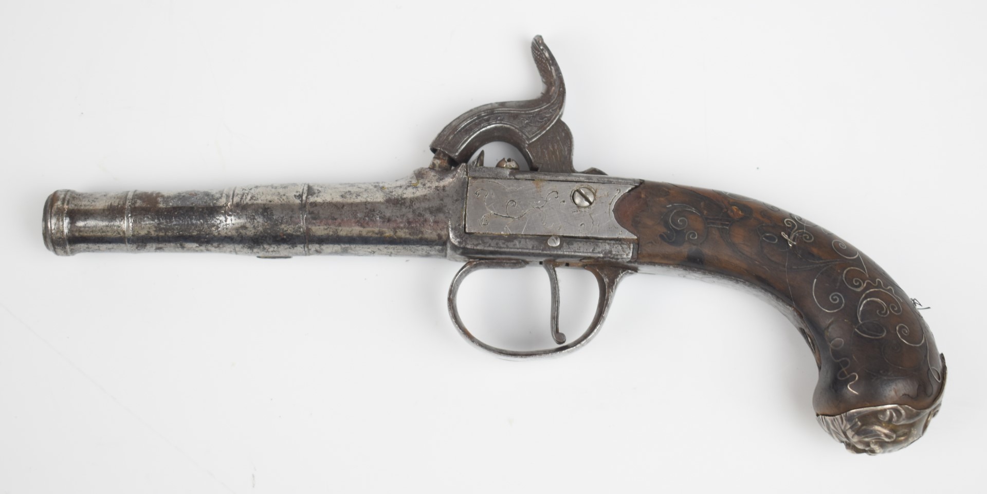 Queen Anne percussion hammer action pocket pistol with engraved lock and hammer, wire inlaid - Image 2 of 11