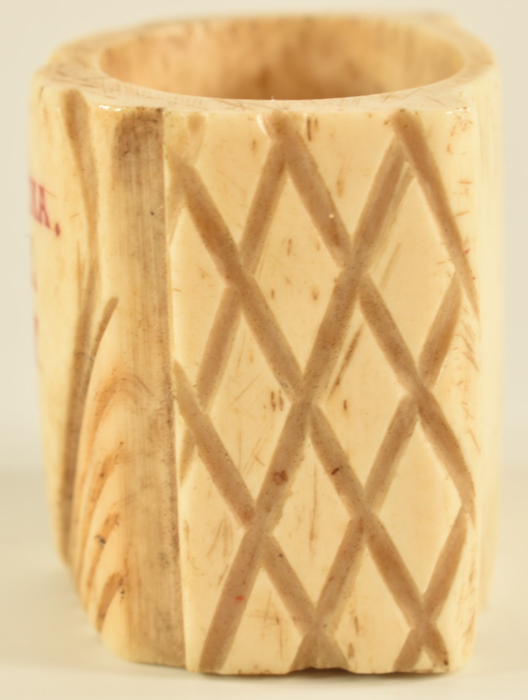 Boer War St Helena Prisoner of War bone napkin ring with heart shaped shield to front inscribed St - Image 4 of 5