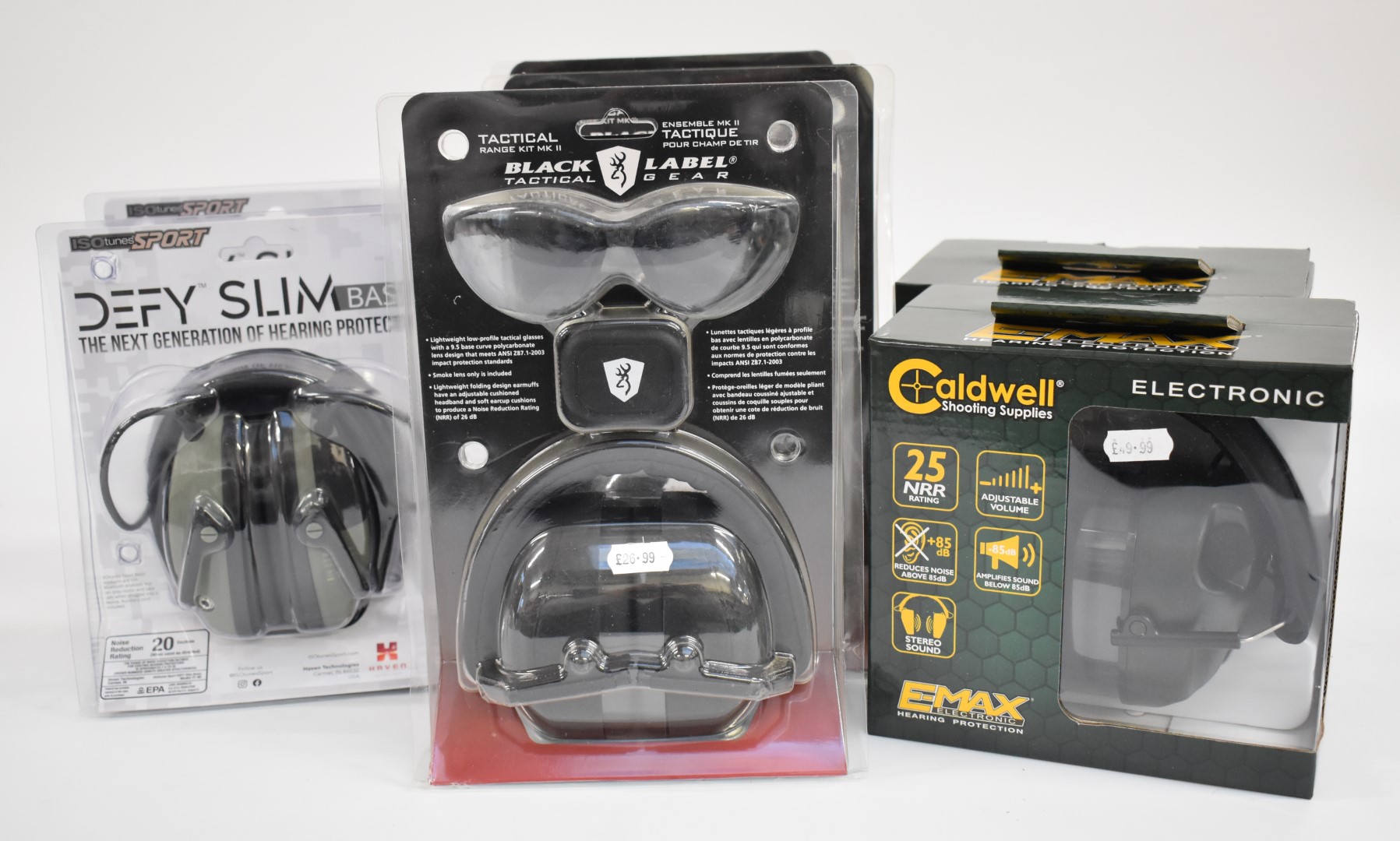 Seven pairs of ear defenders comprising two Caldweel E-Max Electronic, two ISO Tunes Sport Defy Slim