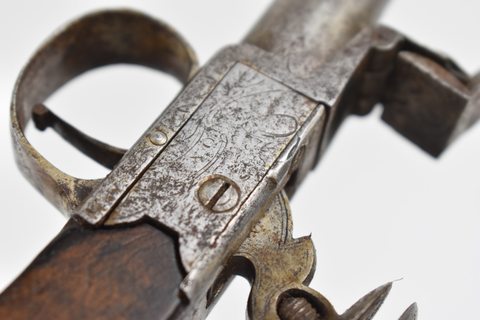 Indistinctly named flintlock pocket pistol with engraved lock and hammer, vacant shield shaped - Image 10 of 11