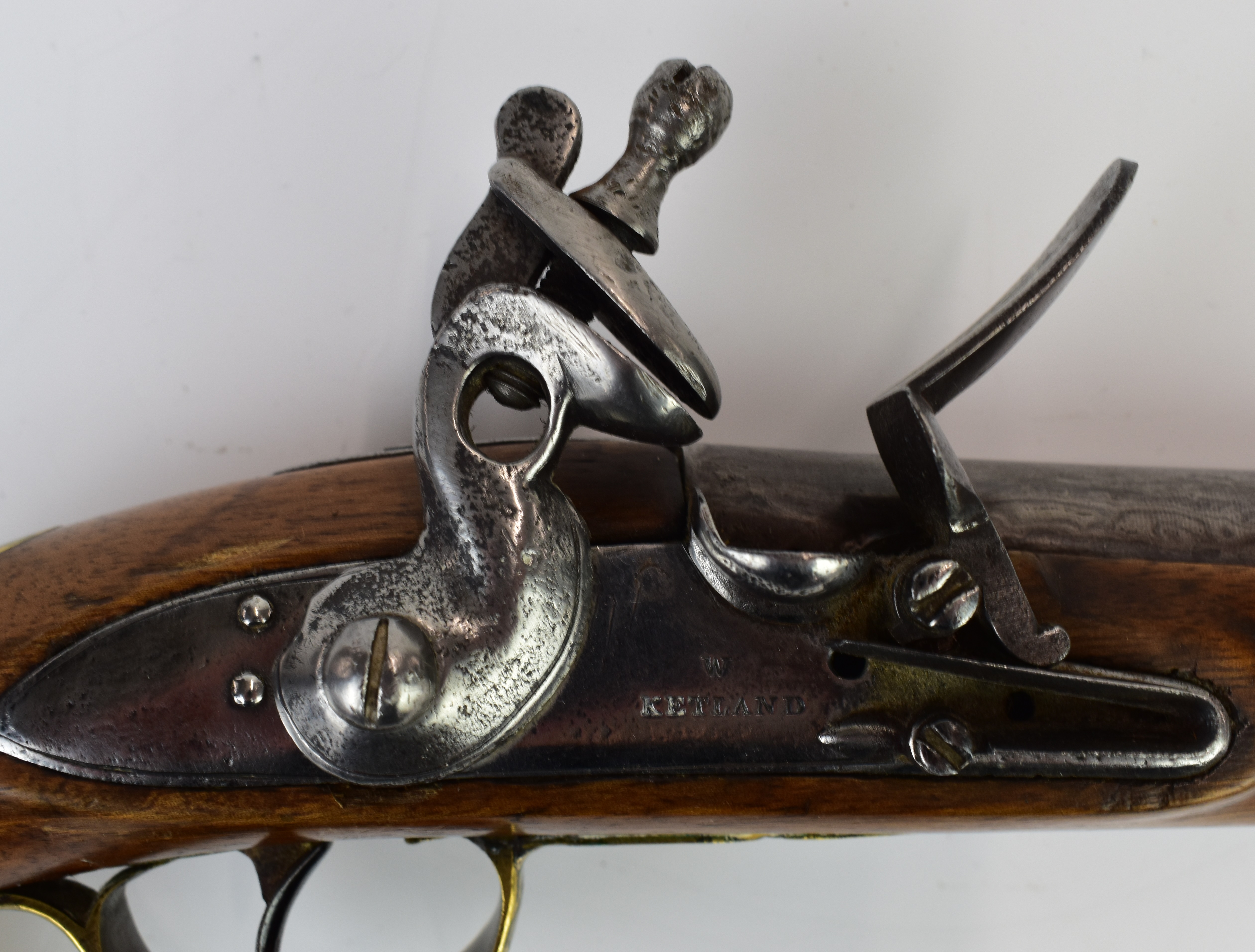 W Ketland & Co flintlock holster pistol with named and line engraved lock, brass trigger guard, butt - Image 10 of 13