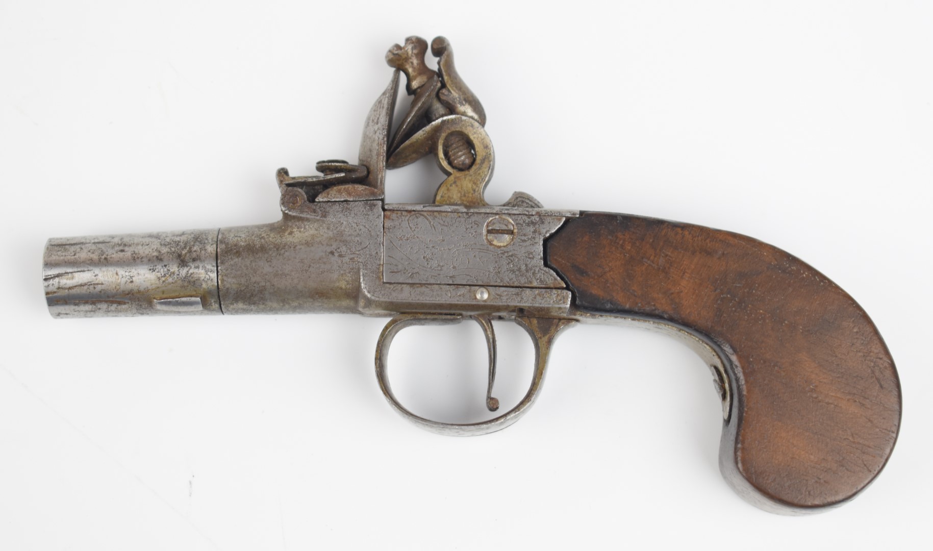 Indistinctly named flintlock pocket pistol with engraved lock and hammer, vacant shield shaped - Image 2 of 11