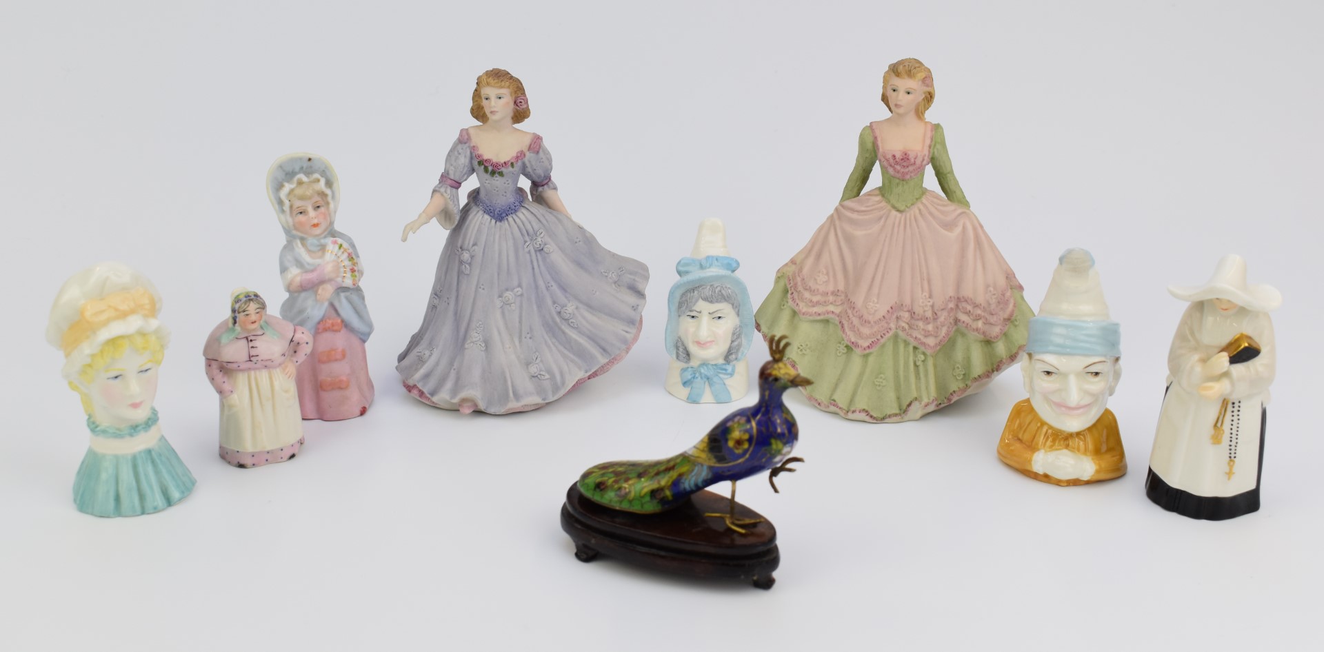 Collection of Royal Worcester and other candle snuffers including Mob Cap, Mrs Caudle and Nun, two