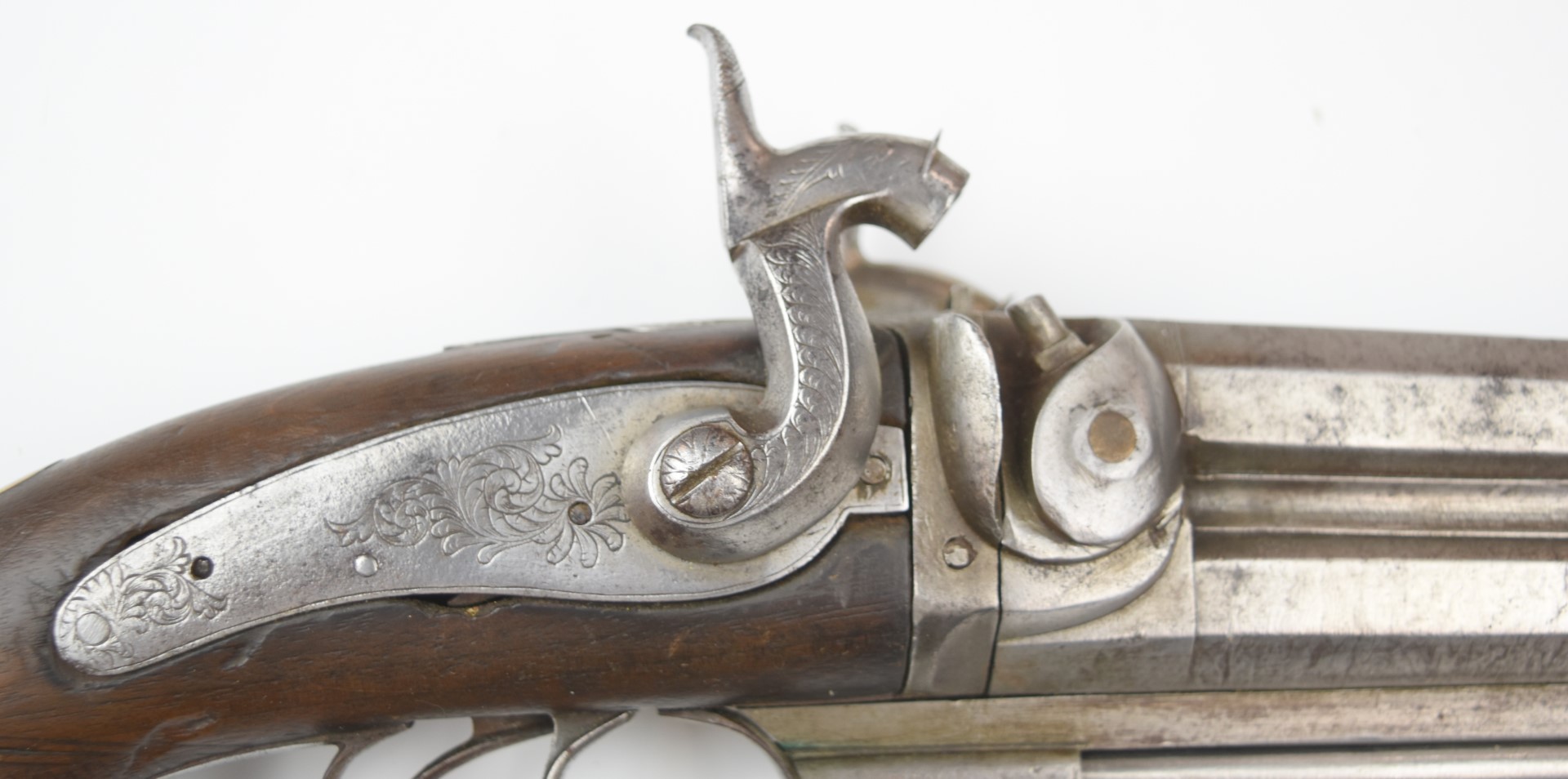 Unnamed 28 bore percussion hammer action double barrelled over and under howdah pistol with engraved - Image 7 of 12