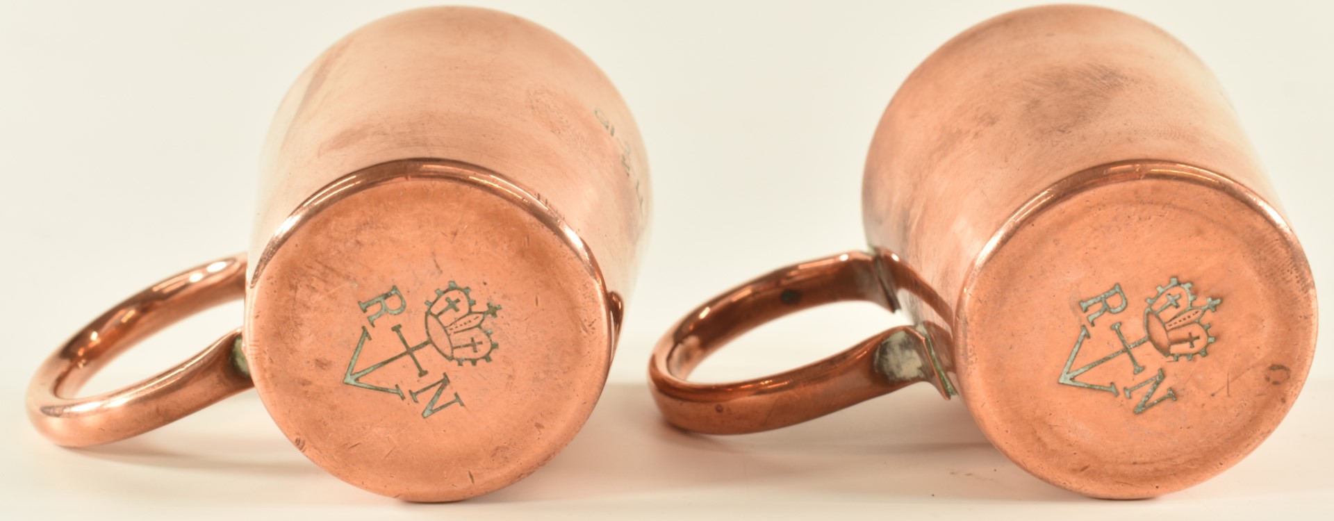 Pair of Royal Navy half gill copper rum measures with crown cipher and broad arrow marks to base - Image 4 of 4