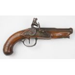 Unnamed flintlock coat pistol with silver wire inlaid grip, metal ram-rod and mounts and 4.25 inch
