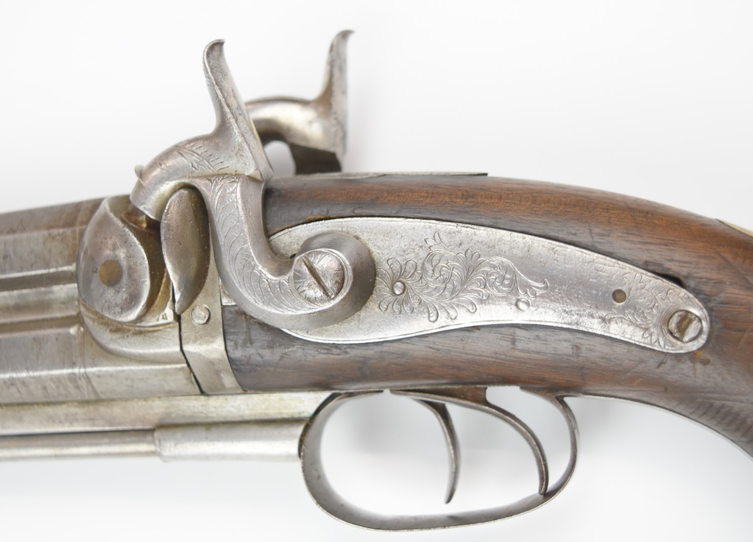 Unnamed 28 bore percussion hammer action double barrelled over and under howdah pistol with engraved - Image 9 of 12