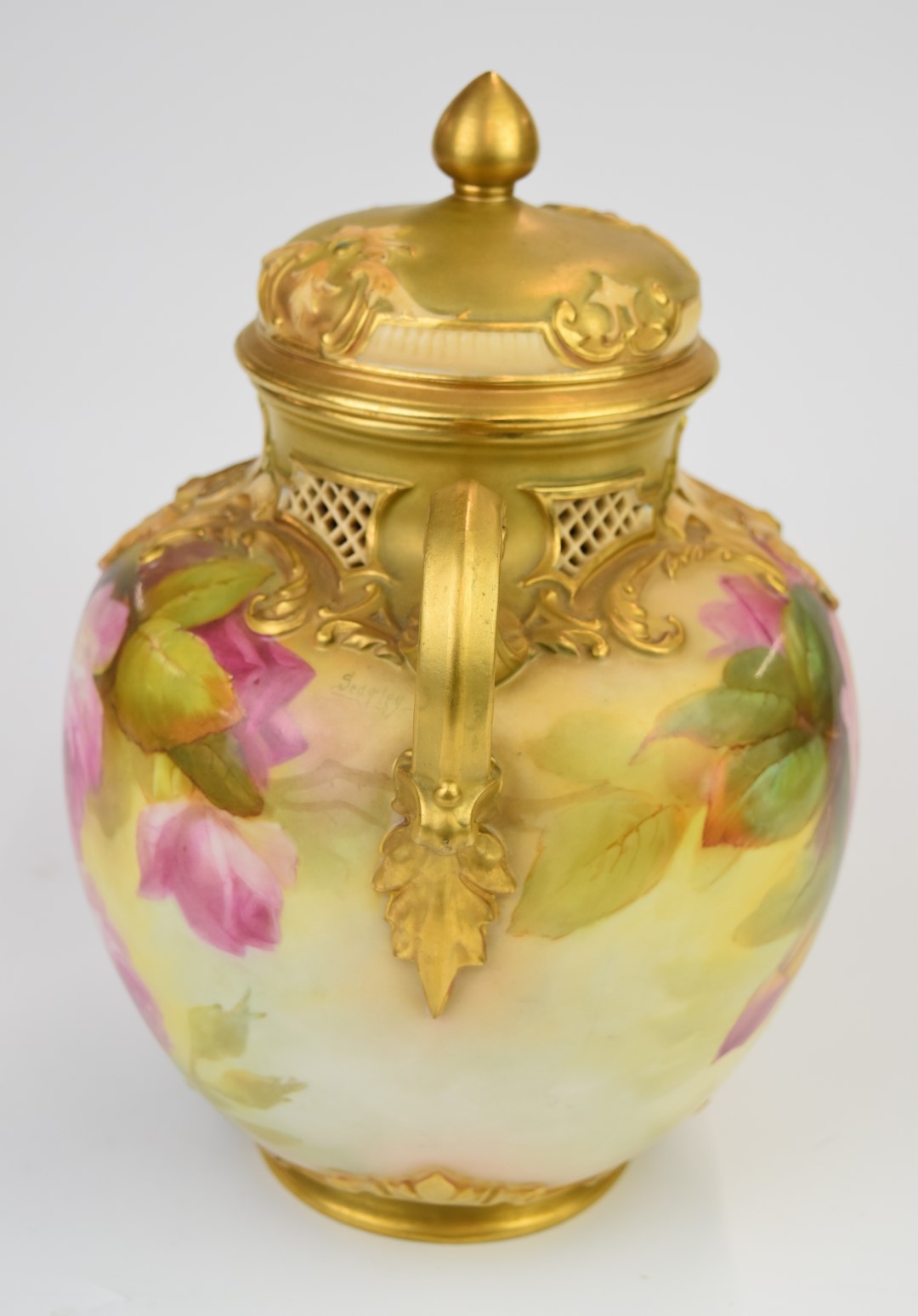 Royal Worcester twin handled covered pedestal pot pourri decorated with roses, signed Sedgley, - Image 2 of 8