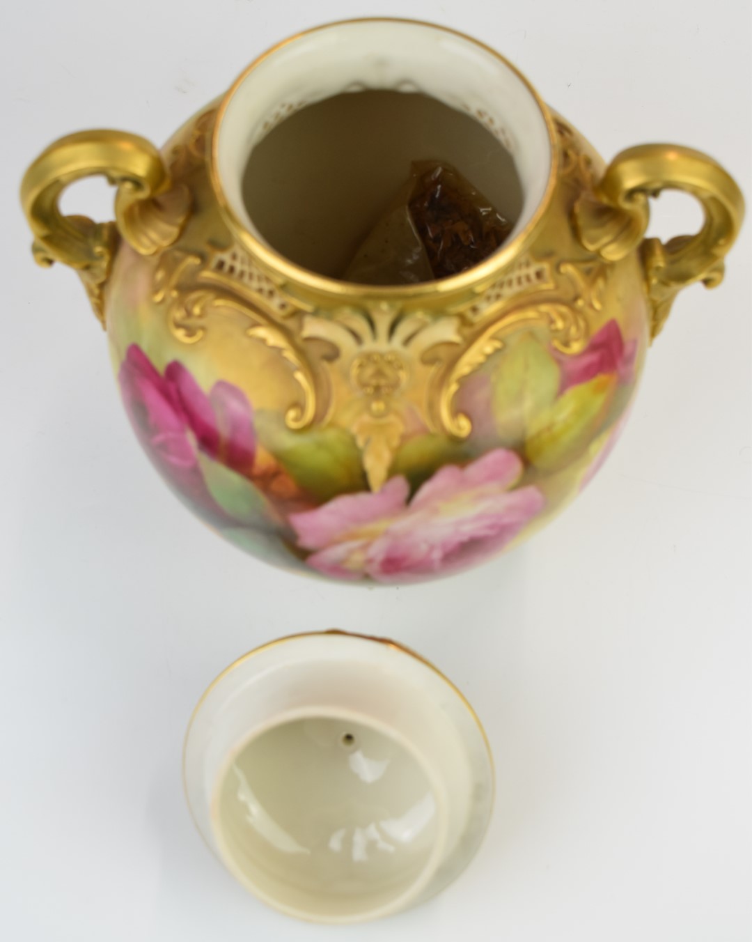 Royal Worcester twin handled covered pedestal pot pourri decorated with roses, signed Sedgley, - Image 7 of 8