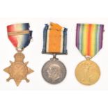 British Army WW1 medal trio comprising 1914 'Mons' Star with clasp for 5th August - 27th November
