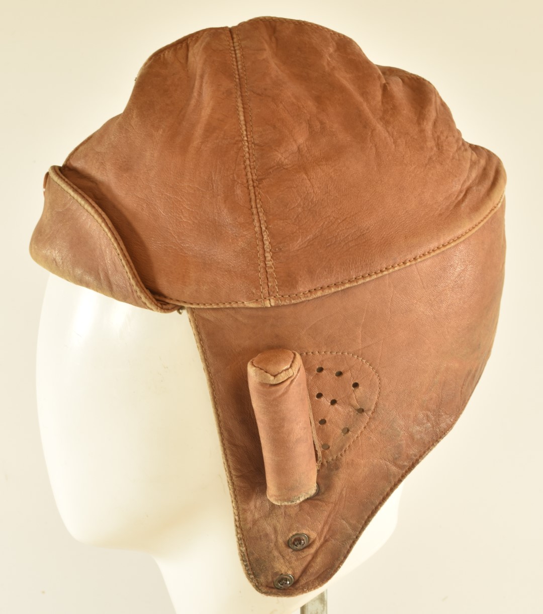 Leather flying helmet, wool lined, with perforated ear sections and protective pads - Image 5 of 6