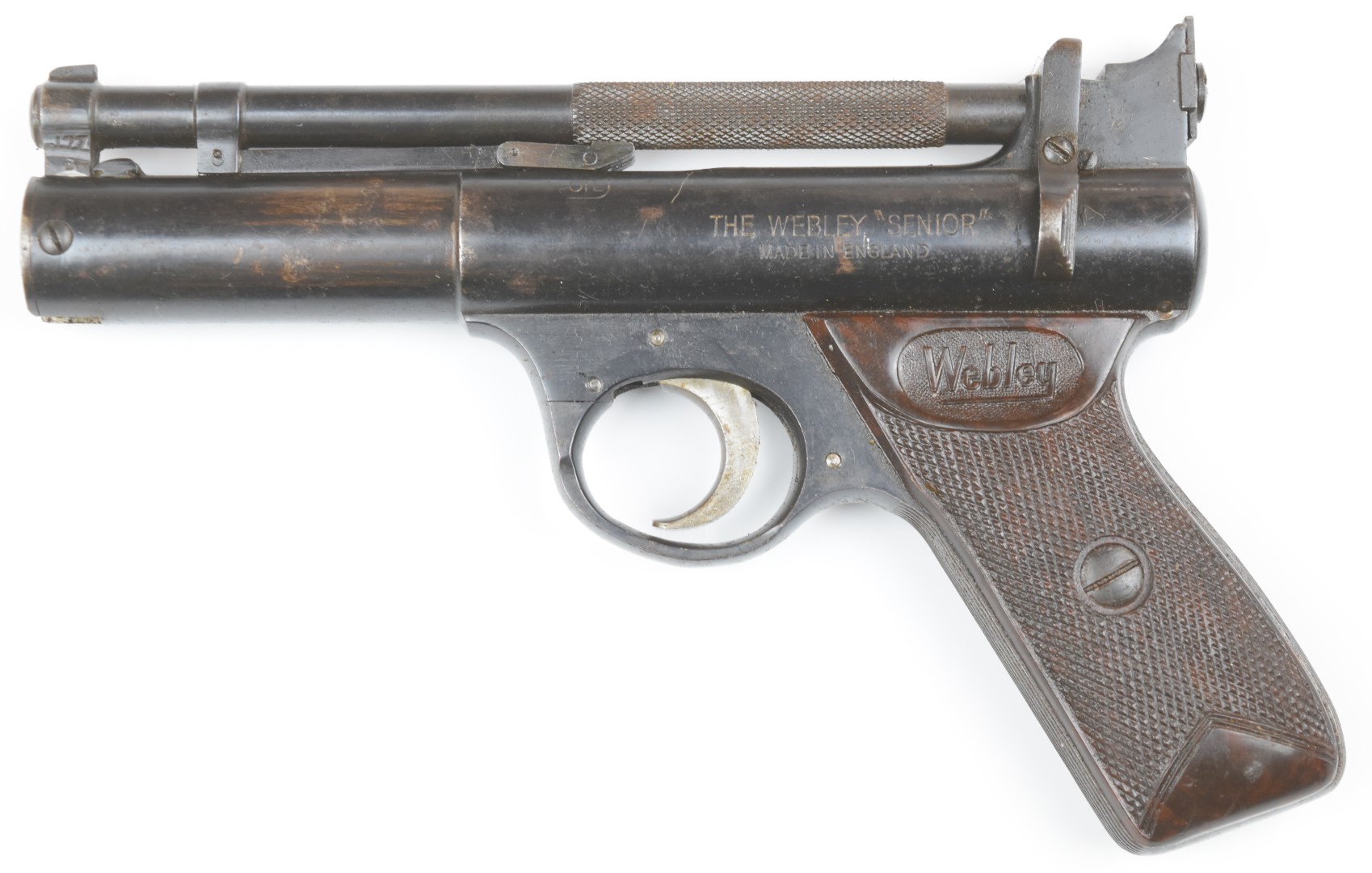 Webley Senior .177 air pistol with named and chequered Bakelite grips and adjustable sights, - Image 2 of 11