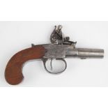 English indistinctly named flintlock hammer action pocket pistol with wooden grip, thumb slide