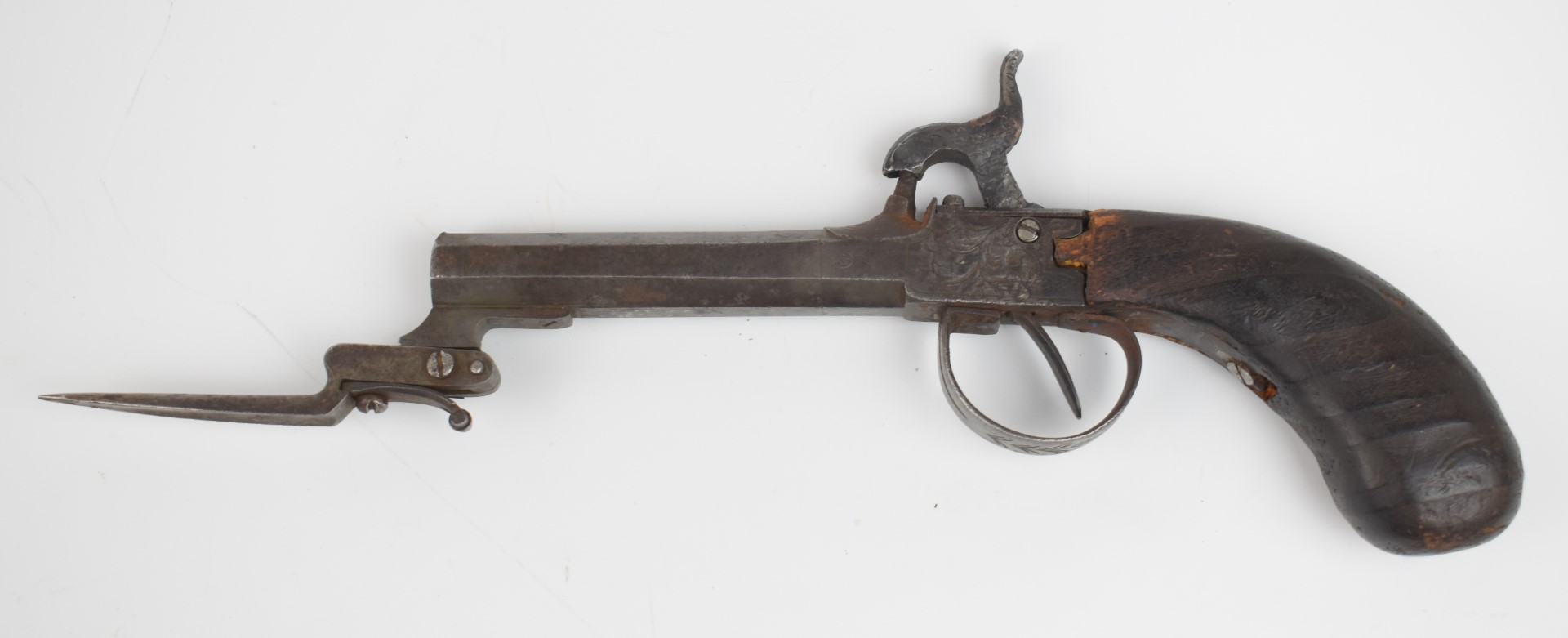 Belgian percussion hammer action pocket pistol with sprung bayonet, trigger guard bayonet release, - Image 2 of 12