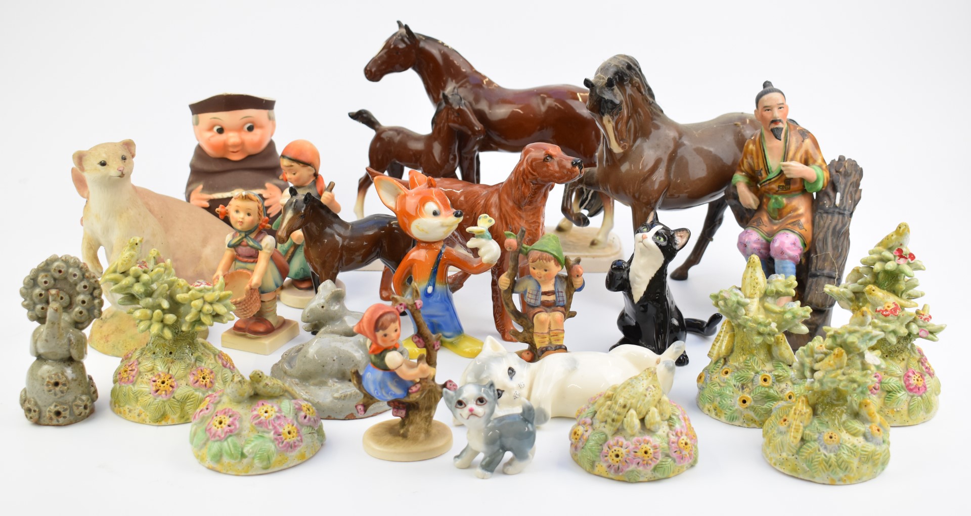 Collection of figures including Beswick, Royal Doulton, Goebel Hummels, Aynsley, German mare and