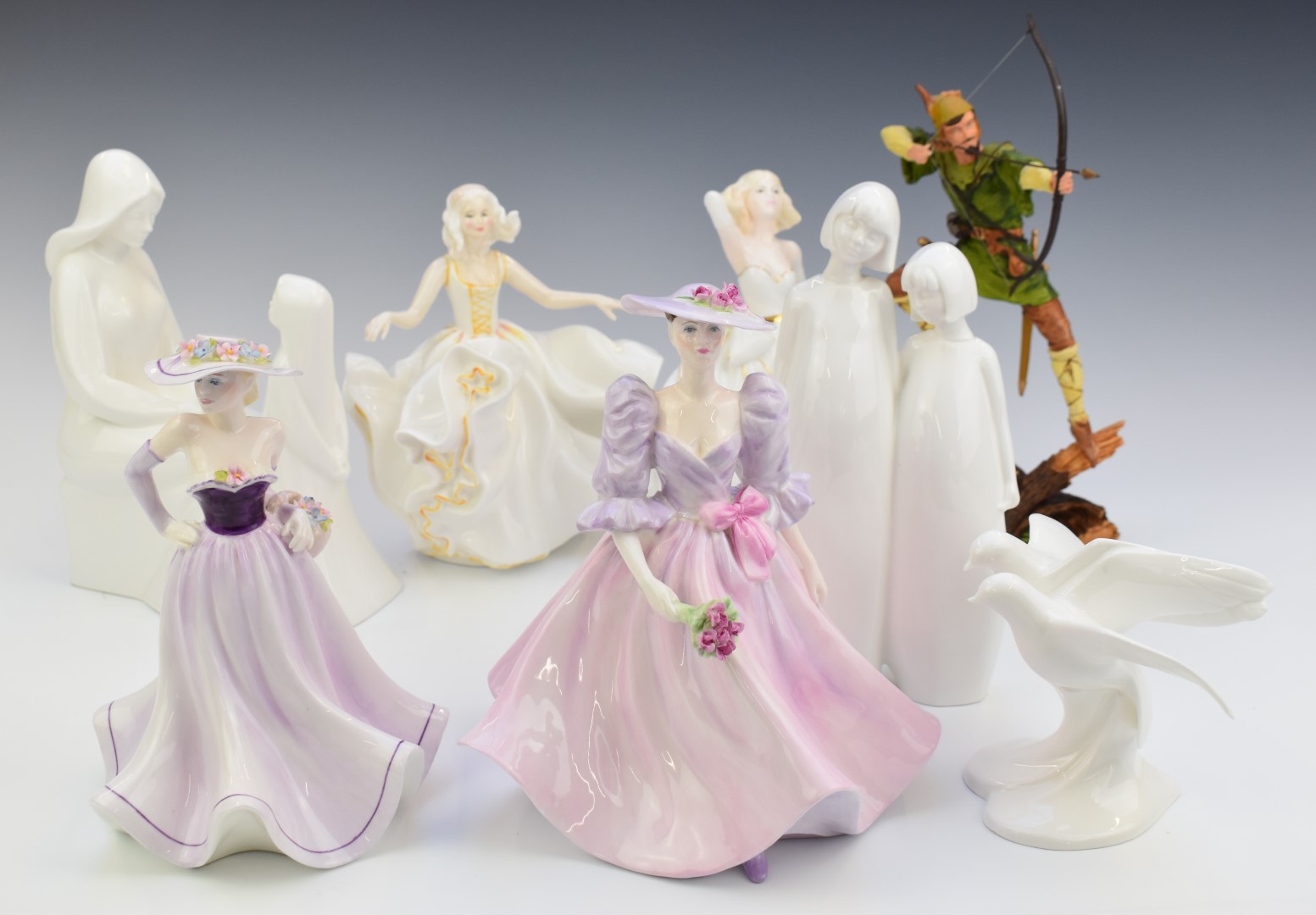 Collection of Royal Doulton and Coalport figures including Tess, Barbara Anne, Robin Hood, Sweet