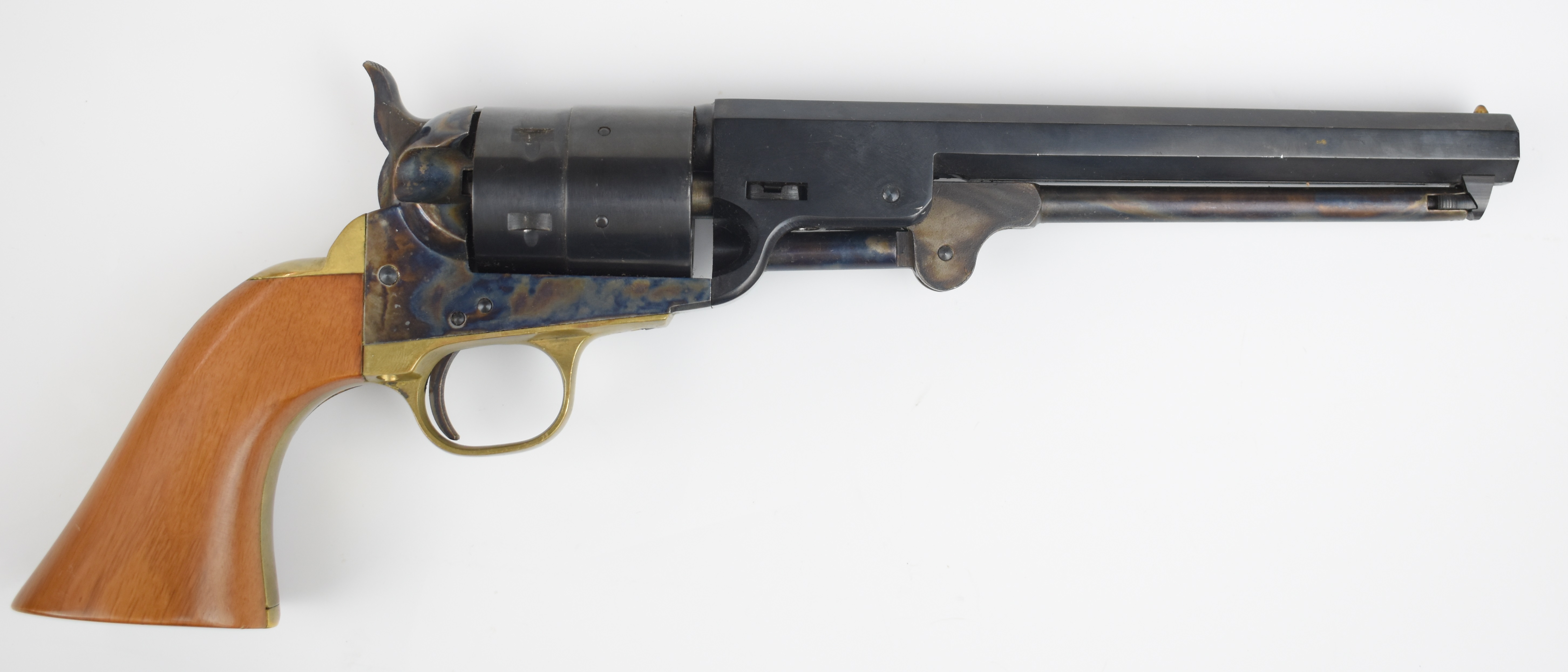 Italian Colt style 9mm blank firing six-shot single action revolver with brass trigger guard, wooden