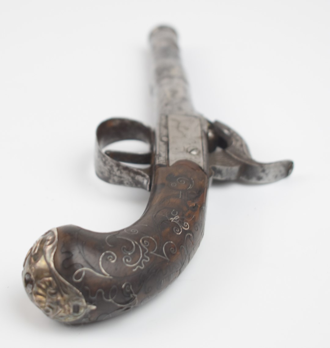 Queen Anne percussion hammer action pocket pistol with engraved lock and hammer, wire inlaid - Image 3 of 11