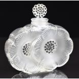 Lalique Deux Fleurs frosted and clear glass scent bottle in the form of two overlapping flowers, 9cm