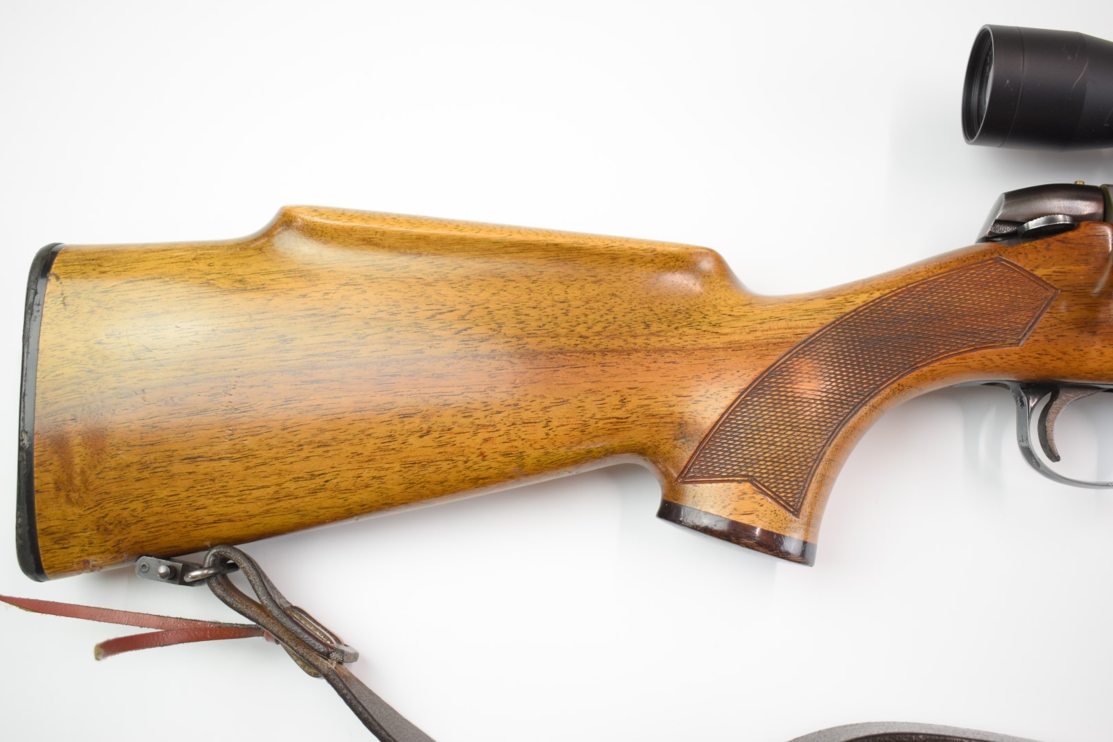 BSA .243 bolt-action rifle with chequered semi-pistol grip and forend, raised cheek-piece, leather - Image 6 of 18