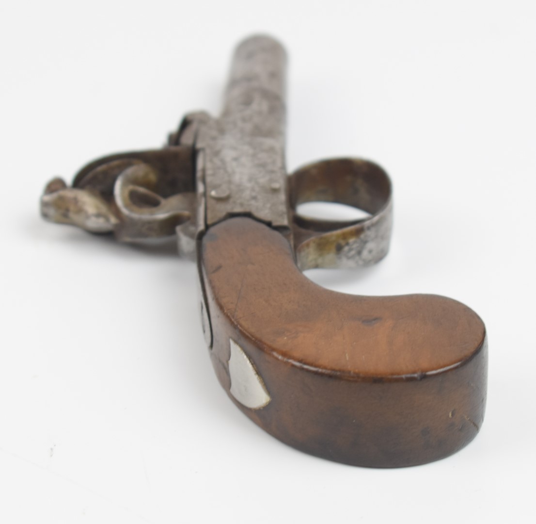 Indistinctly named flintlock pocket pistol with engraved lock and hammer, vacant shield shaped - Image 3 of 11