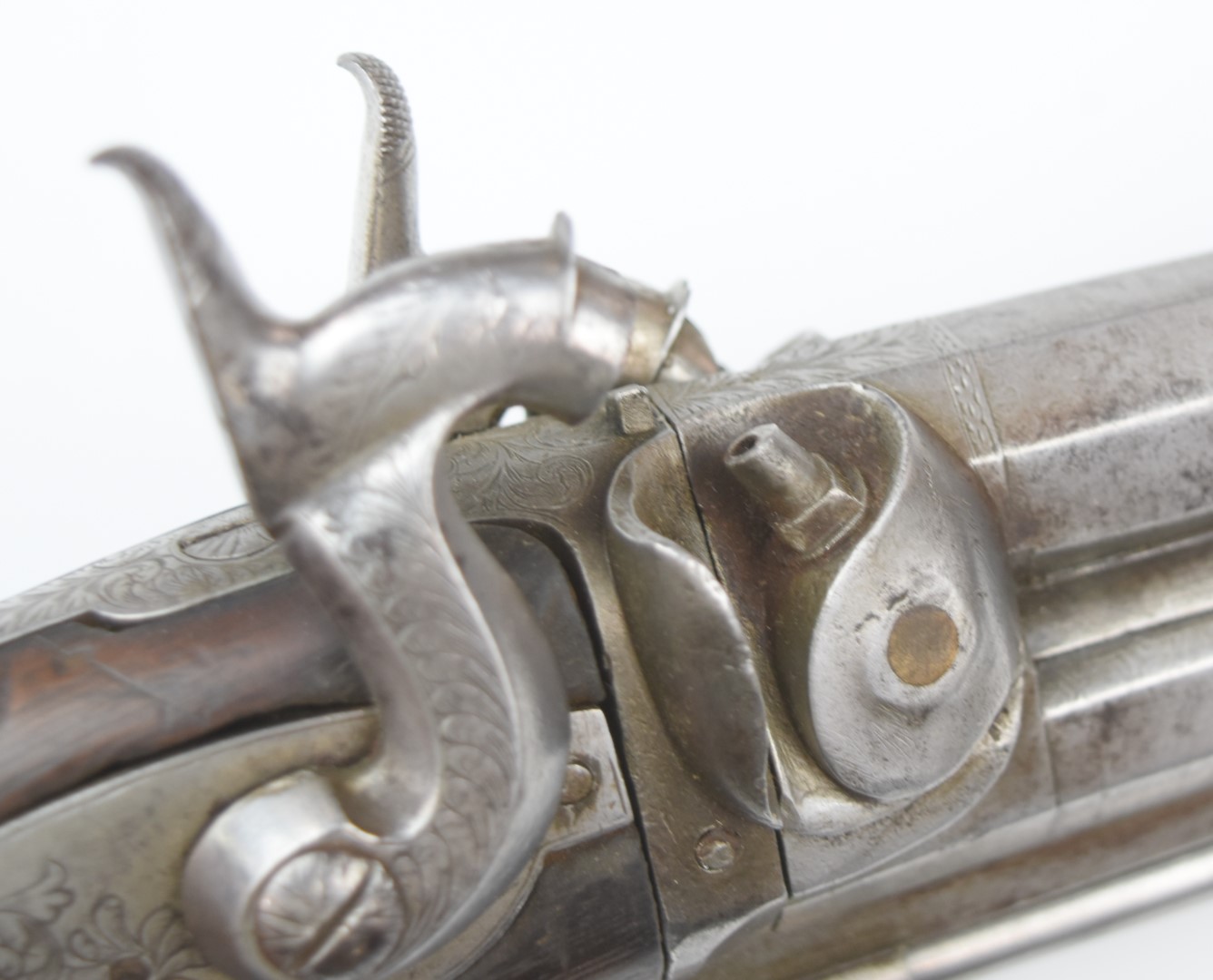 Unnamed 28 bore percussion hammer action double barrelled over and under howdah pistol with engraved - Image 11 of 12