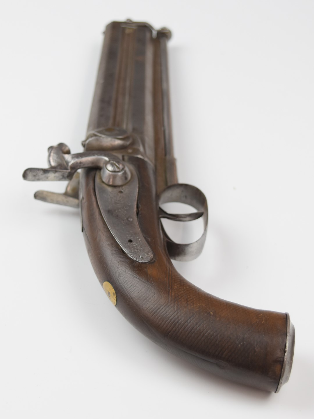 Unnamed 28 bore percussion hammer action double barrelled over and under howdah pistol with engraved - Image 3 of 12