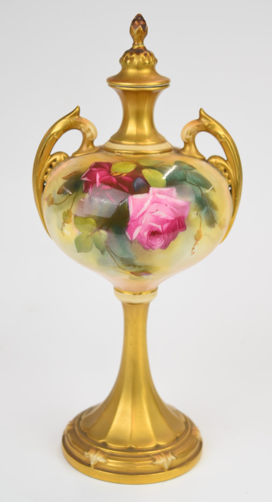 Royal Worcester twin handled pedestal covered vase decorated with roses, signed W H Austin, height - Image 3 of 6