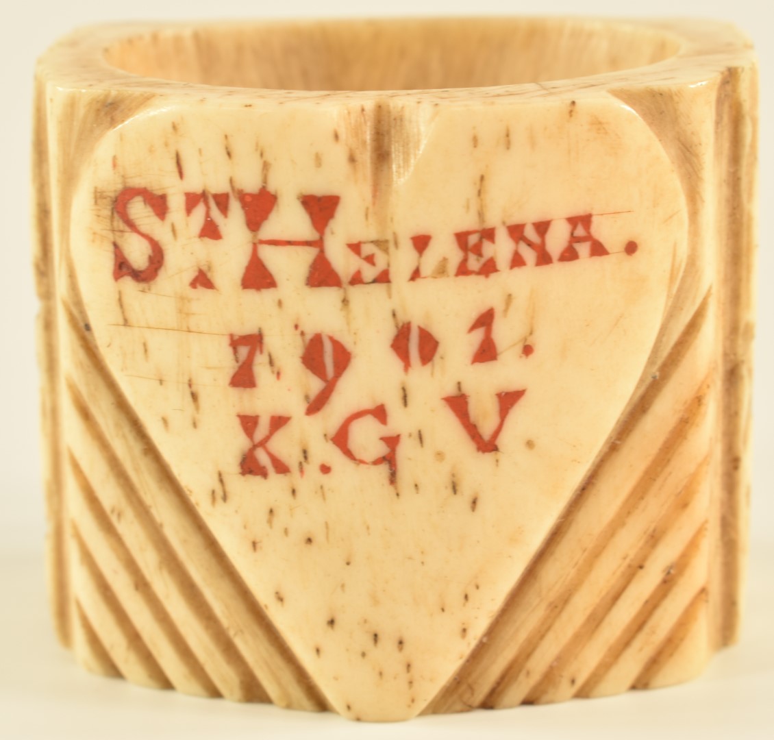 Boer War St Helena Prisoner of War bone napkin ring with heart shaped shield to front inscribed St