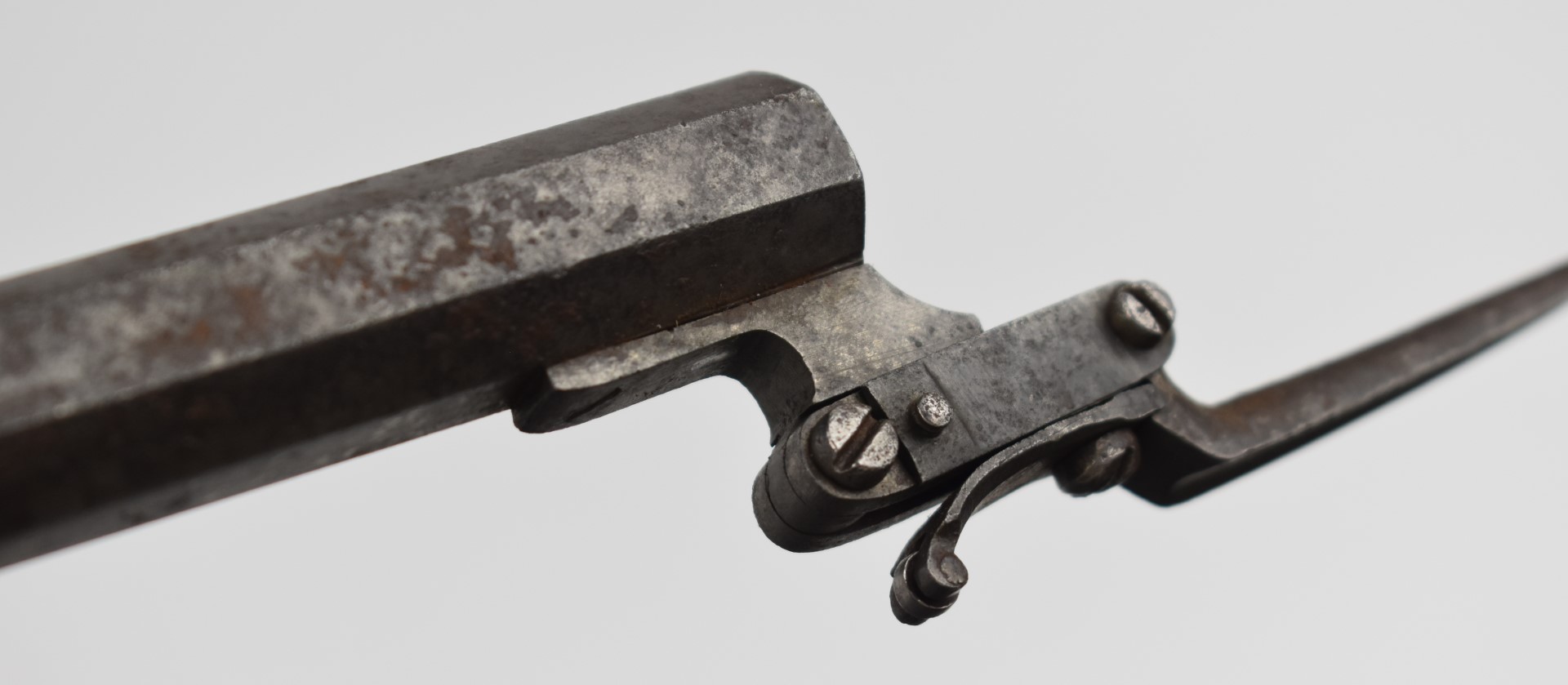 Belgian percussion hammer action pocket pistol with sprung bayonet, trigger guard bayonet release, - Image 11 of 12