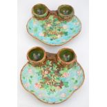Pair of 19thC George Jones majolica shaped strawberry dishes, each with twin birds nest receptacles,
