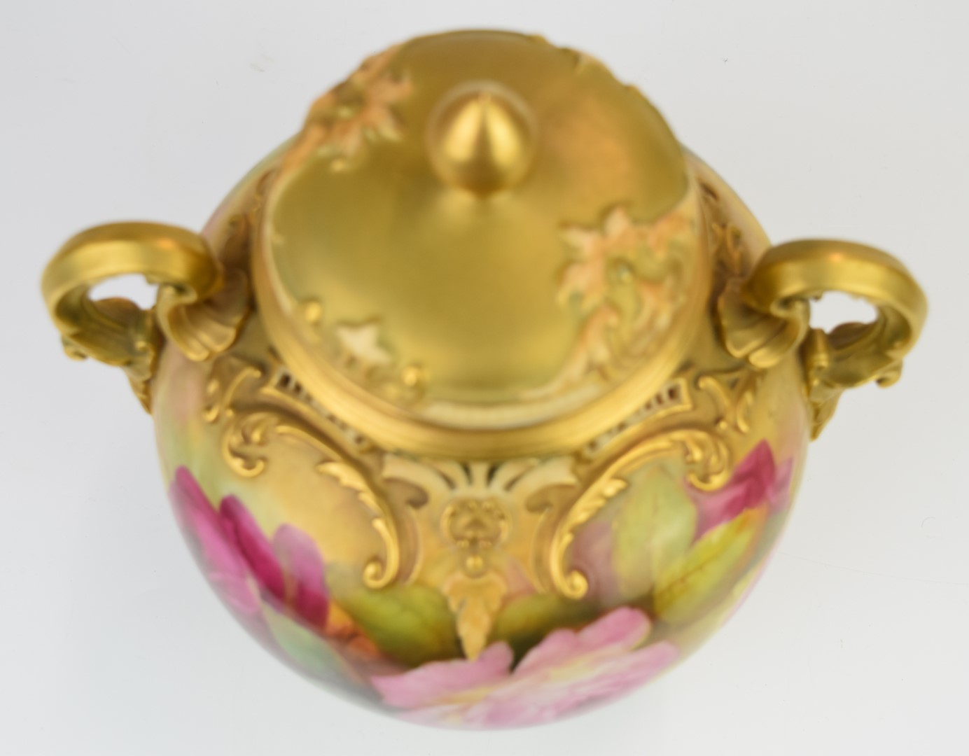 Royal Worcester twin handled covered pedestal pot pourri decorated with roses, signed Sedgley, - Image 6 of 8