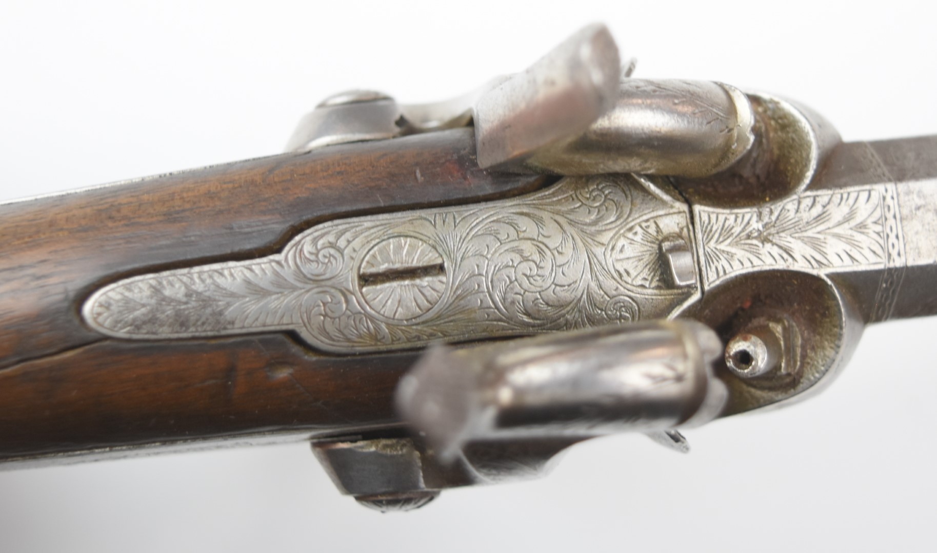 Unnamed 28 bore percussion hammer action double barrelled over and under howdah pistol with engraved - Image 8 of 12