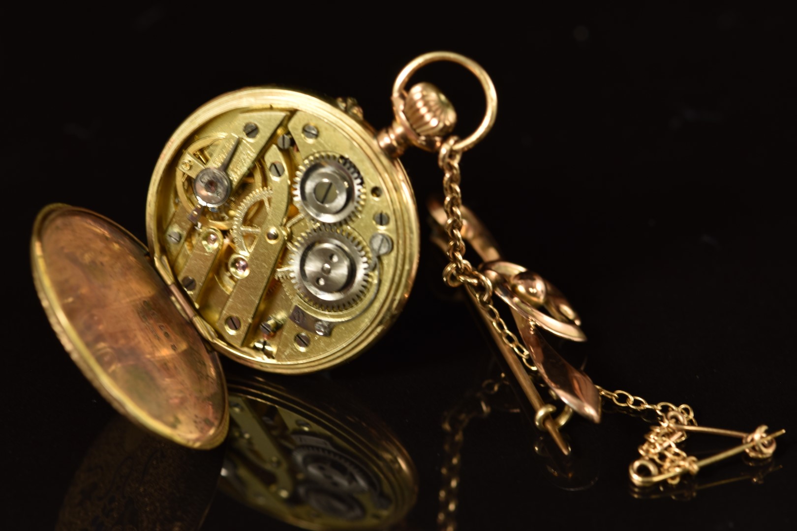 Unnamed 14ct gold keyless winding open faced pocket watch with pierced ...
