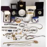 A collection of jewellery and watches including silver necklace, ten silver rings, necklaces,
