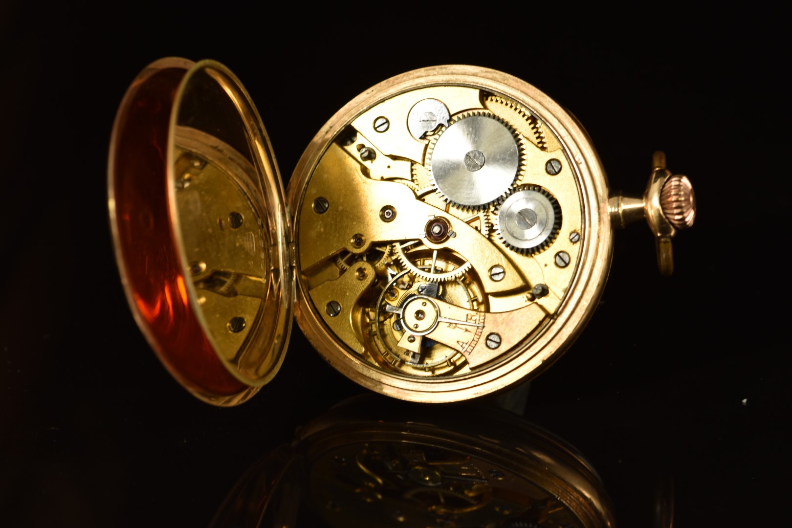 Art Deco 14ct gold keyless winding open faced pocket watch with inset ...