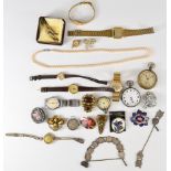 A collection of jewellery and watches including 9ct gold watch, micro mosaic brooch, silver watch,
