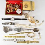 A collection of jewellery including four 9ct gold brooches (6g), Victorian rolled gold guard
