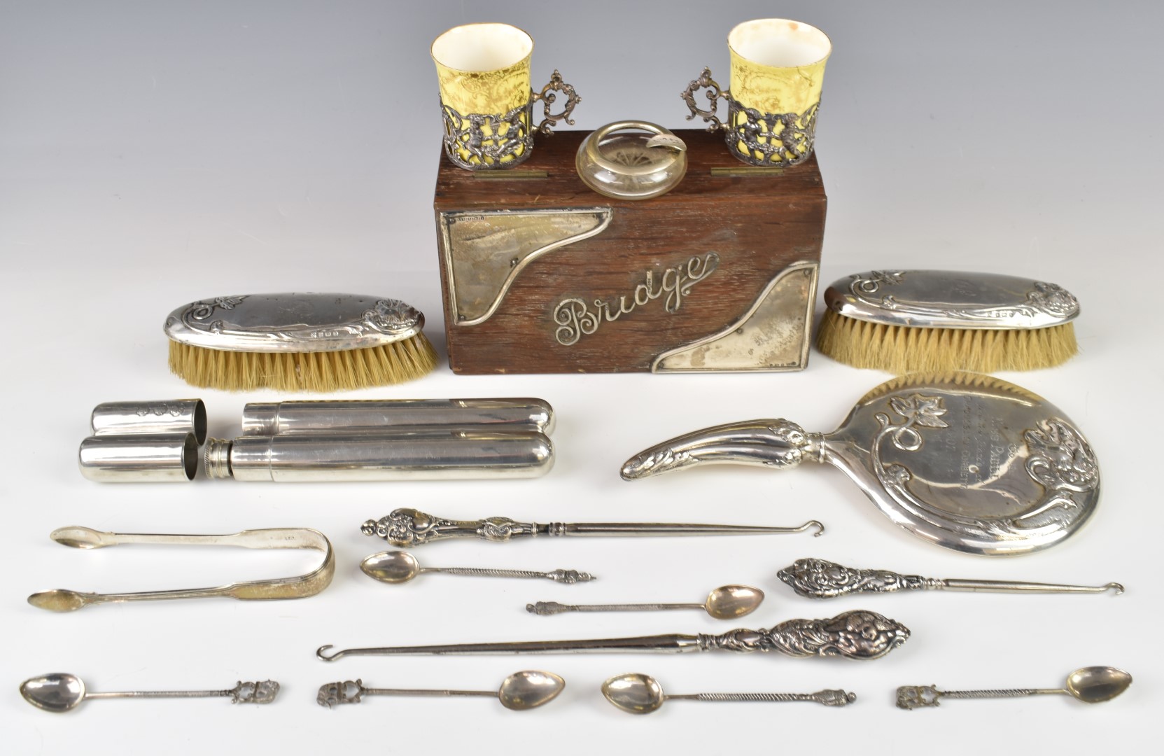 Silver mounted and similar items to include Bridge box, two Mappin & Webb hallmarked silver