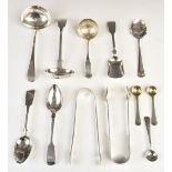 Georgian and later hallmarked silver cutlery including sugar tongs, sifter spoon, ladle and salt