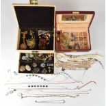 A collection of costume jewellery including silver fob chain, silver locket, Miracle brooch, chains,