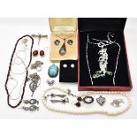 A collection of jewellery including pearl necklace, Siam silver necklace and earrings, five silver