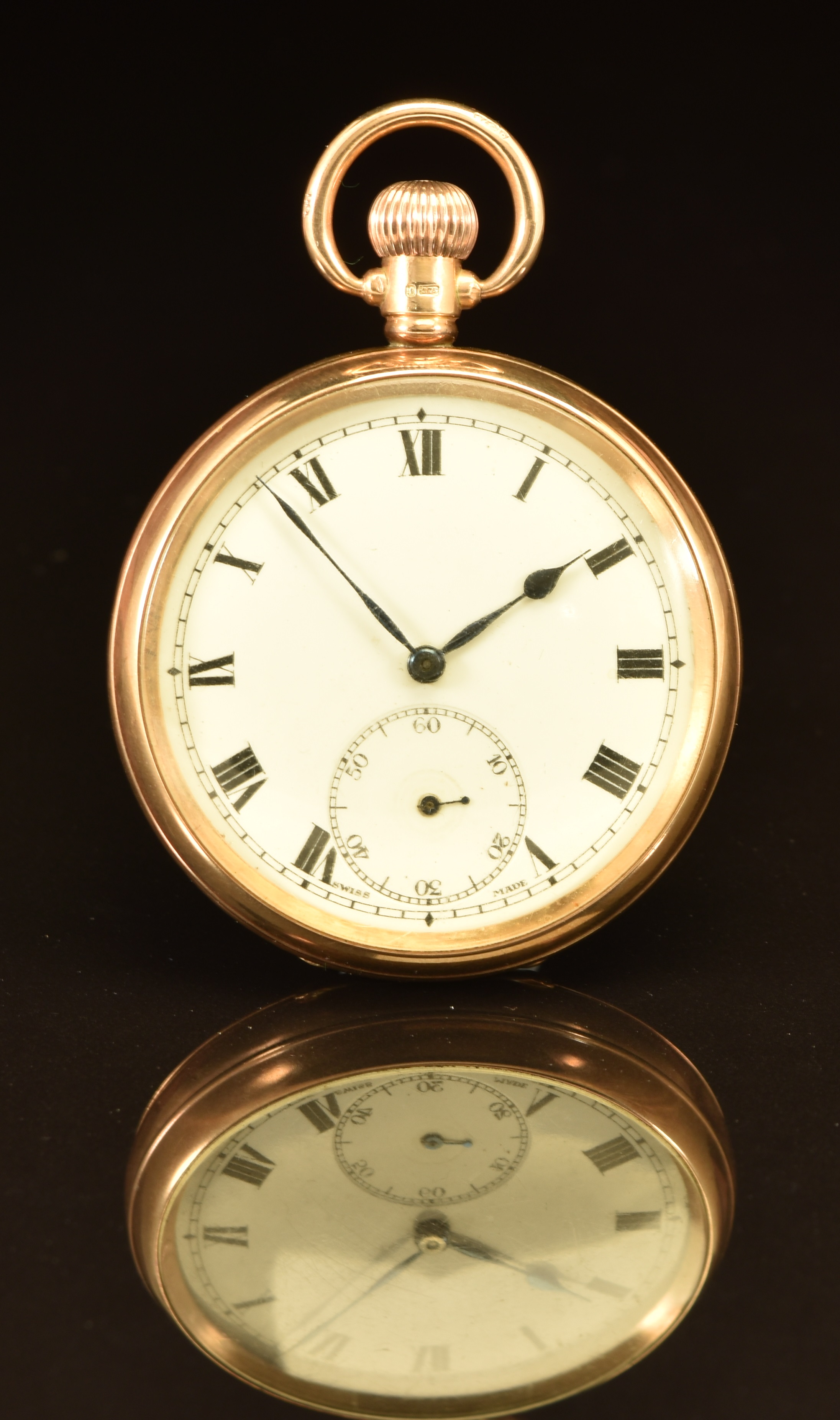 Unnamed 9ct gold keyless winding open faced pocket watch with inset ...
