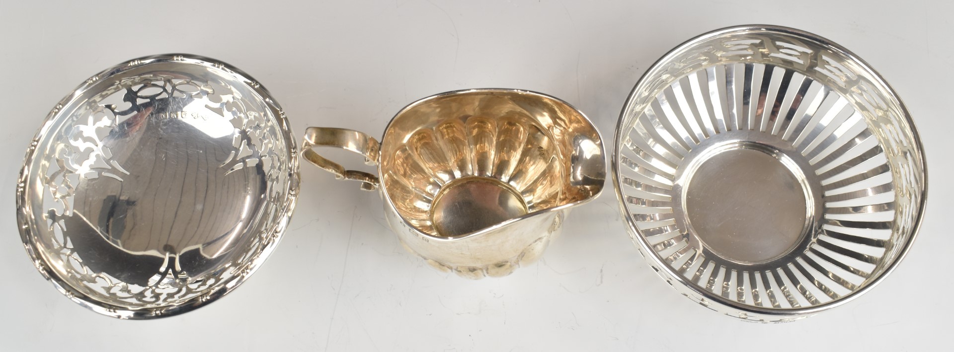 Three hallmarked silver items comprising pierced bowl, pedestal bowl and a milk jug, diameter of - Image 2 of 6
