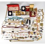 A collection of jewellery including necklaces, two silver pocket watches, Waltham gold plated watch,