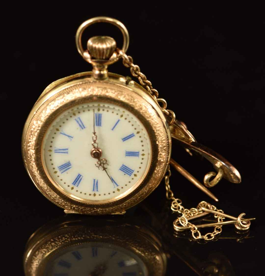 Unnamed 14ct gold keyless winding open faced pocket watch with pierced ...